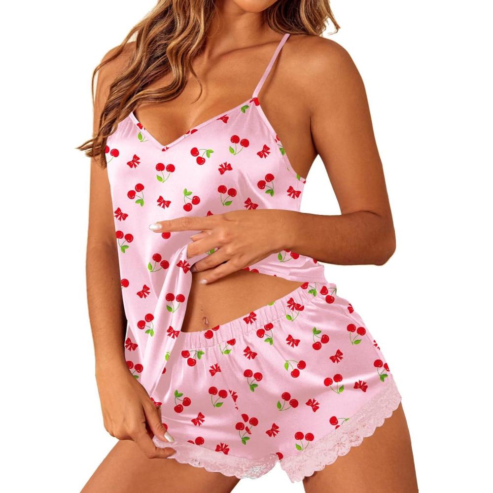 imageEkouaer Satin Pajamas Women Lace Sleepwear Lingerie Cami Shorts Set Nightwear XSXXLCherry Bow