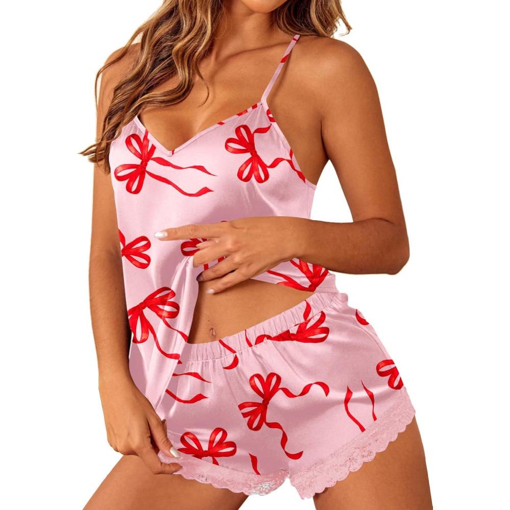 imageEkouaer Satin Pajamas Women Lace Sleepwear Lingerie Cami Shorts Set Nightwear XSXXLPink Bow