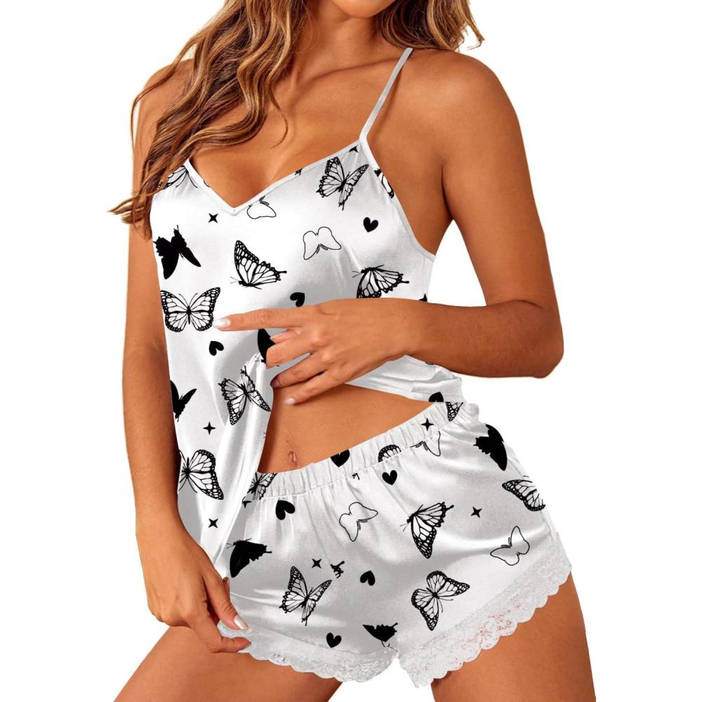 imageEkouaer Satin Pajamas Women Lace Sleepwear Lingerie Cami Shorts Set Nightwear XSXXLWhite Butterfly