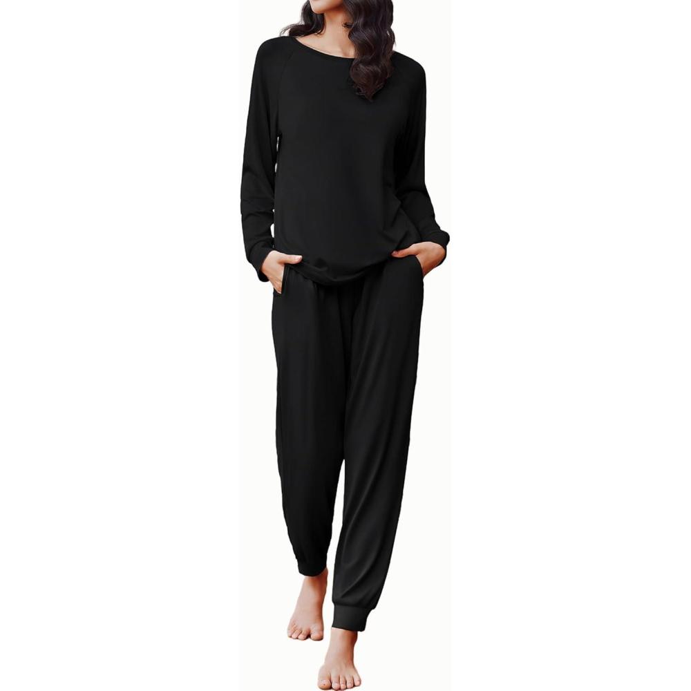 imageEkouaer Soft Pajama Set Women Pullover Long Sleeve lounge Sets Jogger Pants Loungewear Sleepwear Sets with PocketsBlack