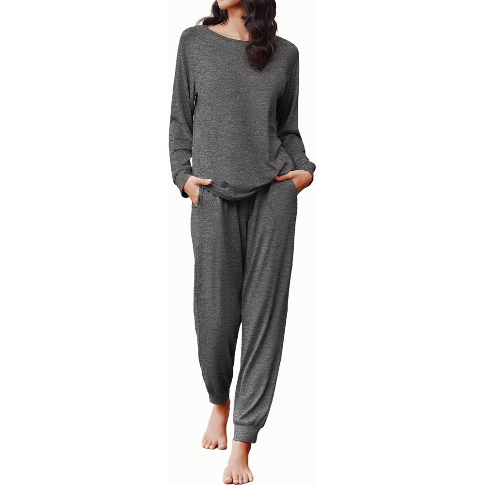 imageEkouaer Soft Pajama Set Women Pullover Long Sleeve lounge Sets Jogger Pants Loungewear Sleepwear Sets with PocketsDark Gray