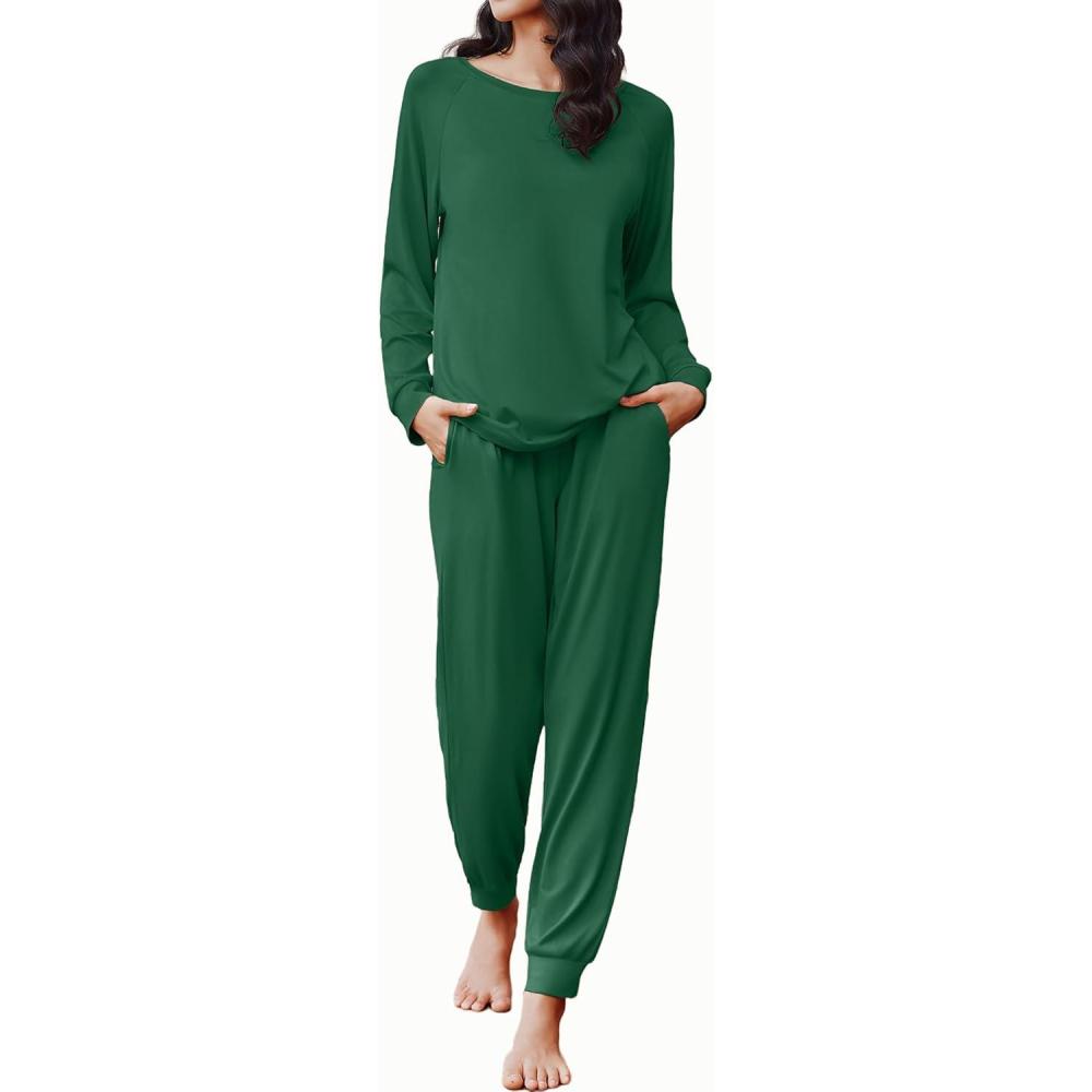 imageEkouaer Soft Pajama Set Women Pullover Long Sleeve lounge Sets Jogger Pants Loungewear Sleepwear Sets with PocketsDark Green