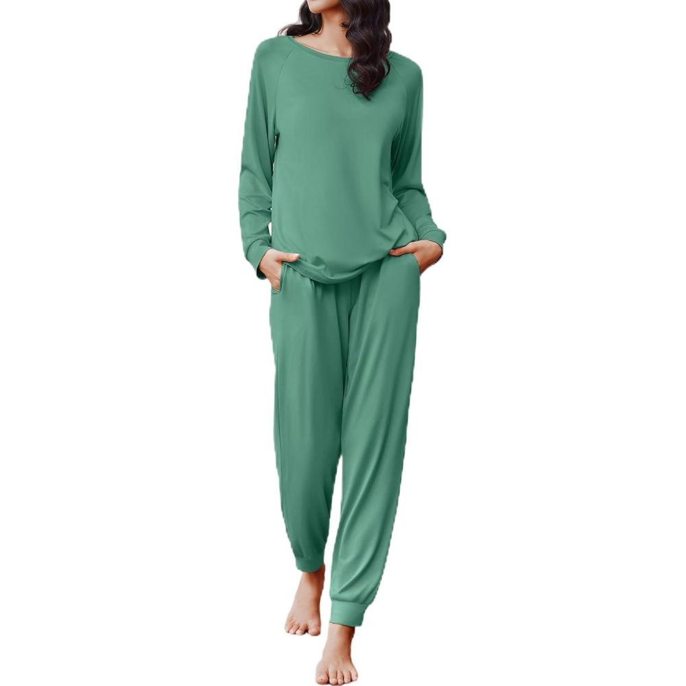 imageEkouaer Soft Pajama Set Women Pullover Long Sleeve lounge Sets Jogger Pants Loungewear Sleepwear Sets with PocketsGreen