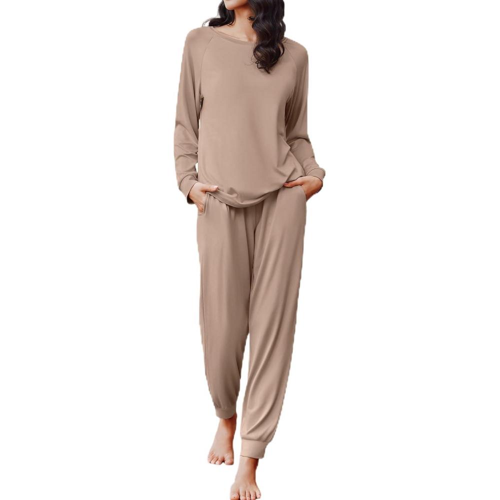 imageEkouaer Soft Pajama Set Women Pullover Long Sleeve lounge Sets Jogger Pants Loungewear Sleepwear Sets with PocketsKhaki