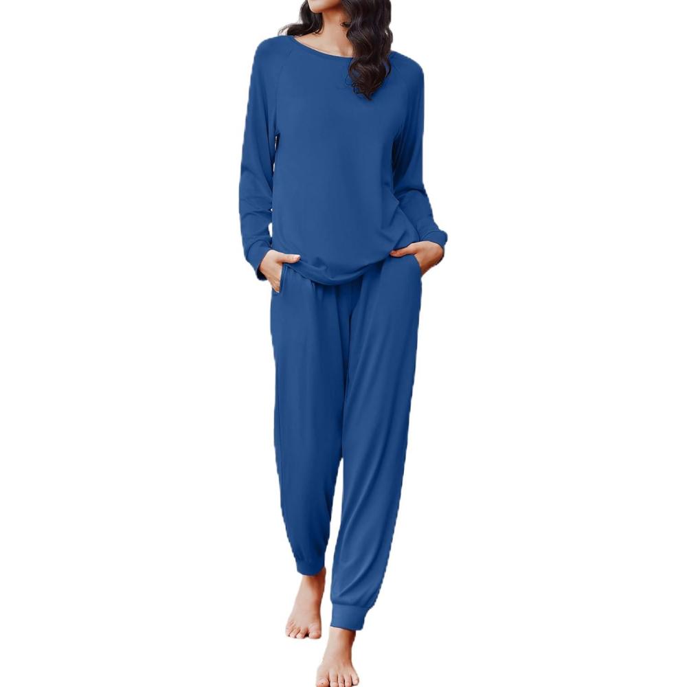 imageEkouaer Soft Pajama Set Women Pullover Long Sleeve lounge Sets Jogger Pants Loungewear Sleepwear Sets with PocketsNavy Blue