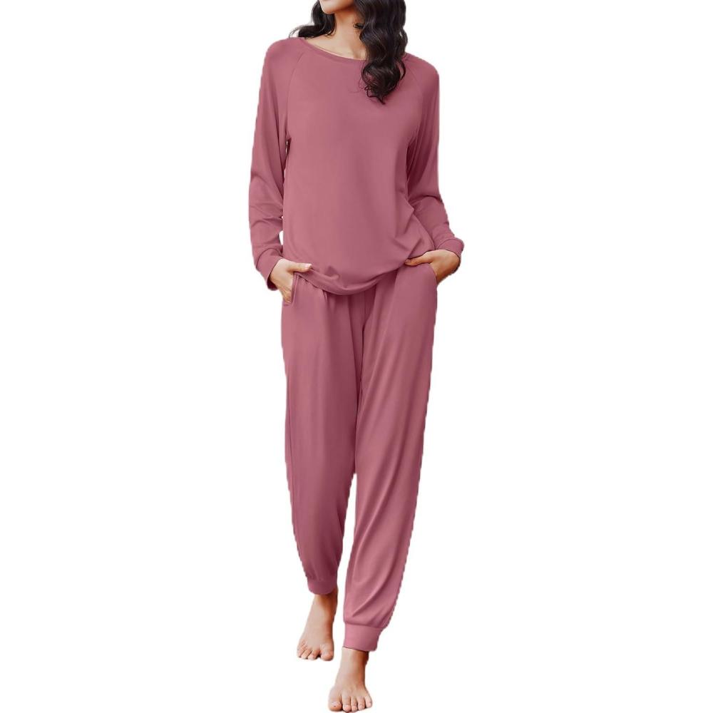 imageEkouaer Soft Pajama Set Women Pullover Long Sleeve lounge Sets Jogger Pants Loungewear Sleepwear Sets with PocketsPale Violet Red