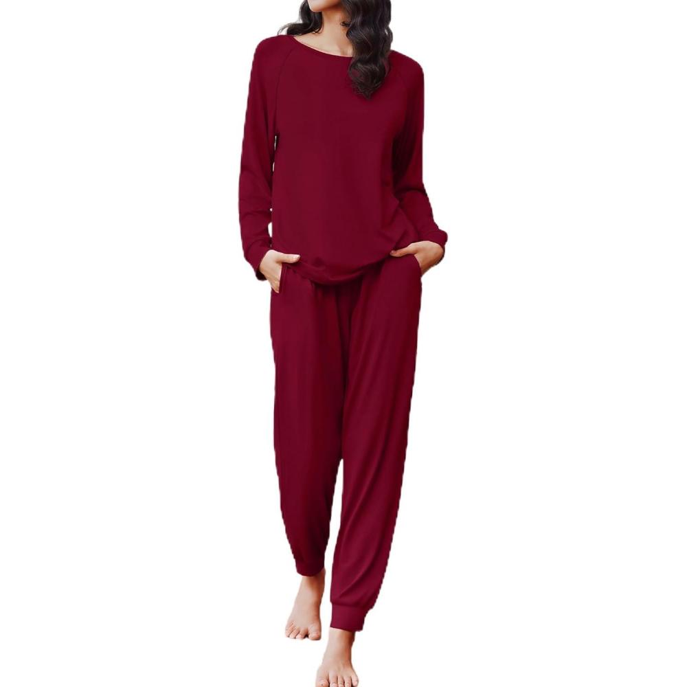 imageEkouaer Soft Pajama Set Women Pullover Long Sleeve lounge Sets Jogger Pants Loungewear Sleepwear Sets with PocketsRed