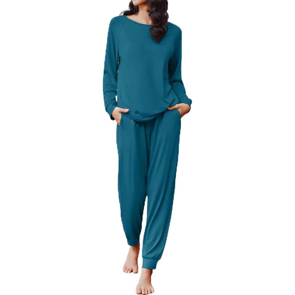 imageEkouaer Soft Pajama Set Women Pullover Long Sleeve lounge Sets Jogger Pants Loungewear Sleepwear Sets with PocketsTeal