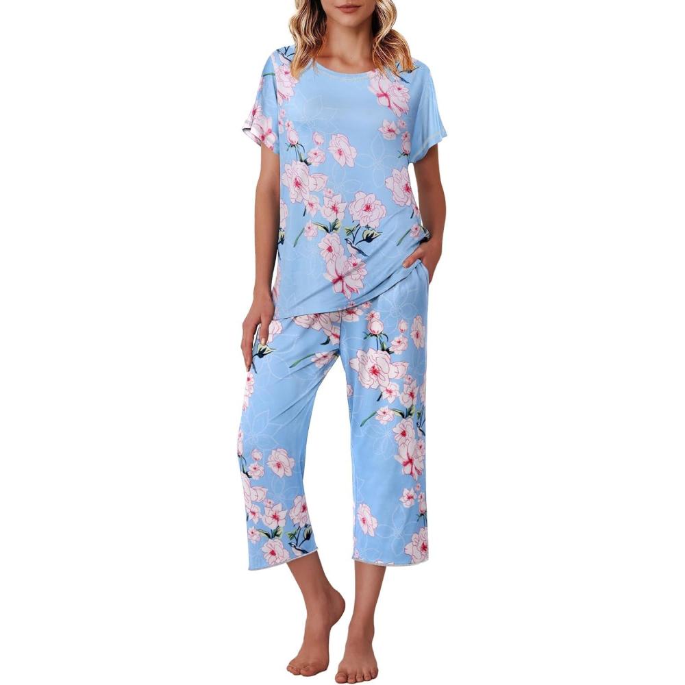 imageEkouaer Womens Capri Pajama Sets Print Short Sleeve Sleepwear Top and Capri Pants Soft Loungewear with PocketBlue Pink Flowers