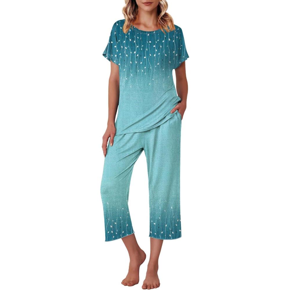 imageEkouaer Womens Capri Pajama Sets Print Short Sleeve Sleepwear Top and Capri Pants Soft Loungewear with PocketBlue Willow Branches