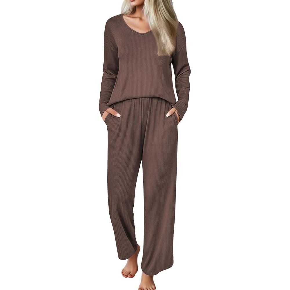 imageEkouaer Womens Pajama Set Ribbed Knit PJs 2 Piece Lounge Set Long Sleeve Top and Pants Comfy Sleepwear with PocketsBrown