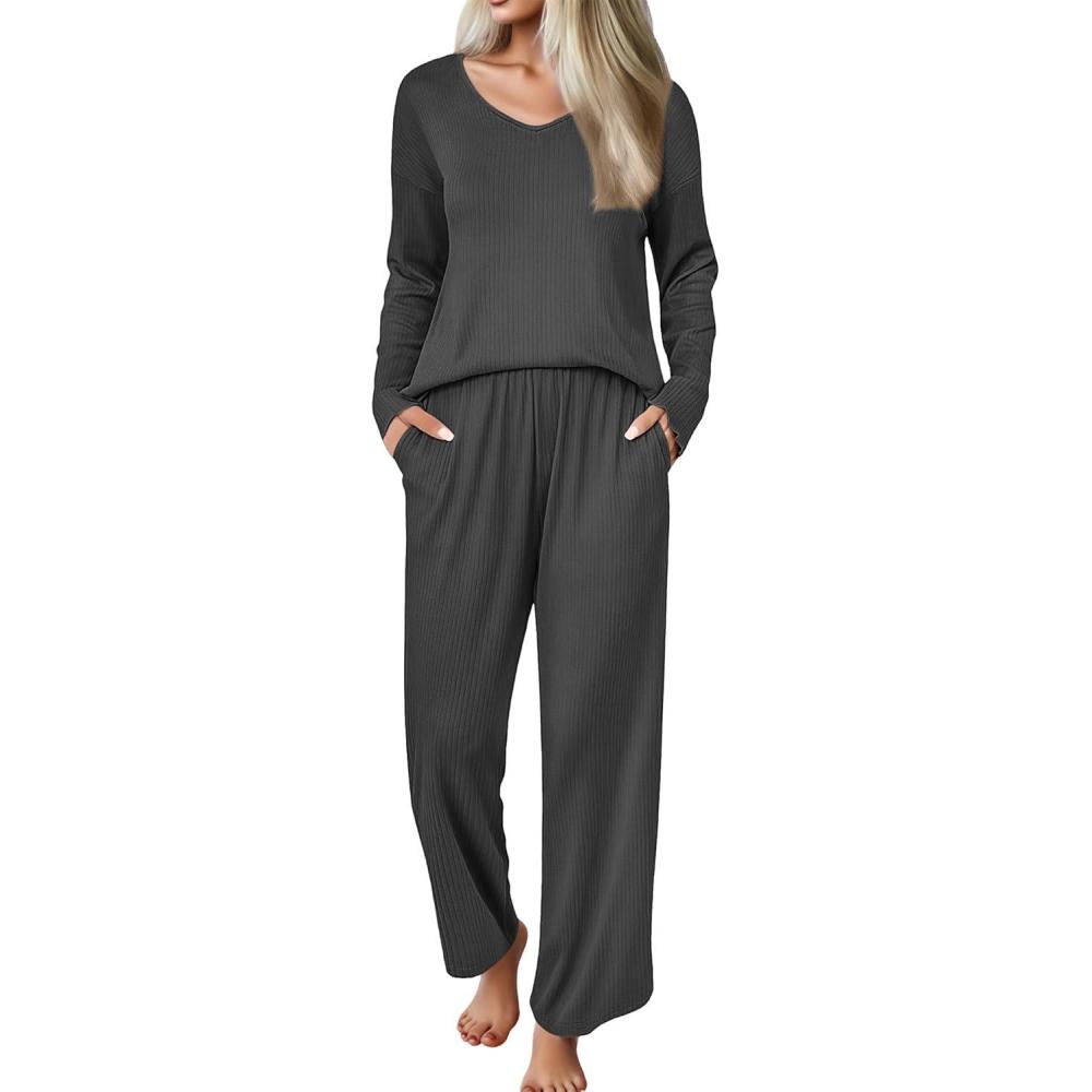 imageEkouaer Womens Pajama Set Ribbed Knit PJs 2 Piece Lounge Set Long Sleeve Top and Pants Comfy Sleepwear with PocketsDark Grey