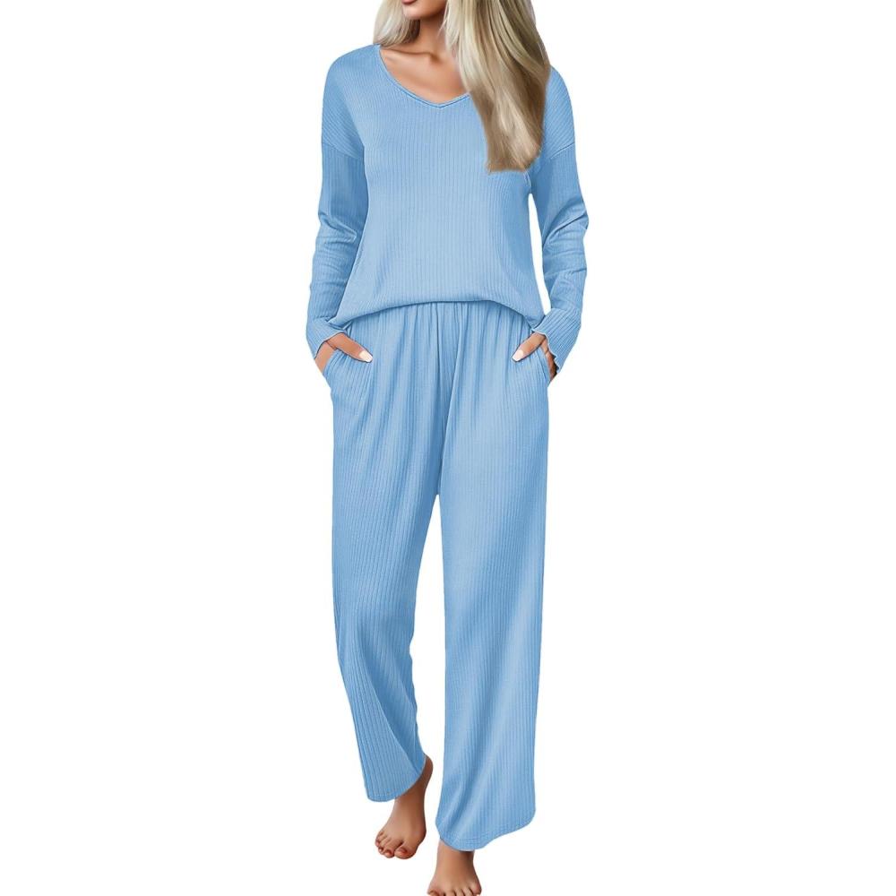imageEkouaer Womens Pajama Set Ribbed Knit PJs 2 Piece Lounge Set Long Sleeve Top and Pants Comfy Sleepwear with PocketsLight Blue