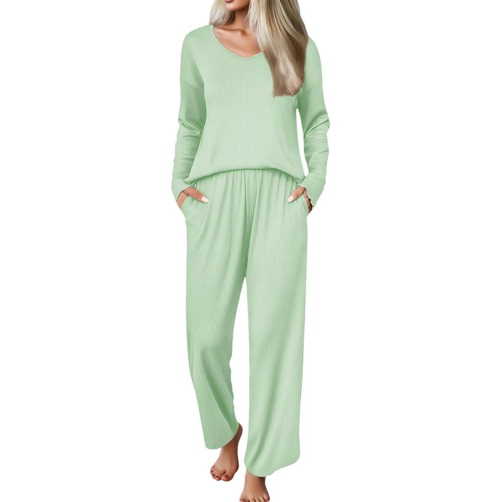 imageEkouaer Womens Pajama Set Ribbed Knit PJs 2 Piece Lounge Set Long Sleeve Top and Pants Comfy Sleepwear with PocketsLight Green