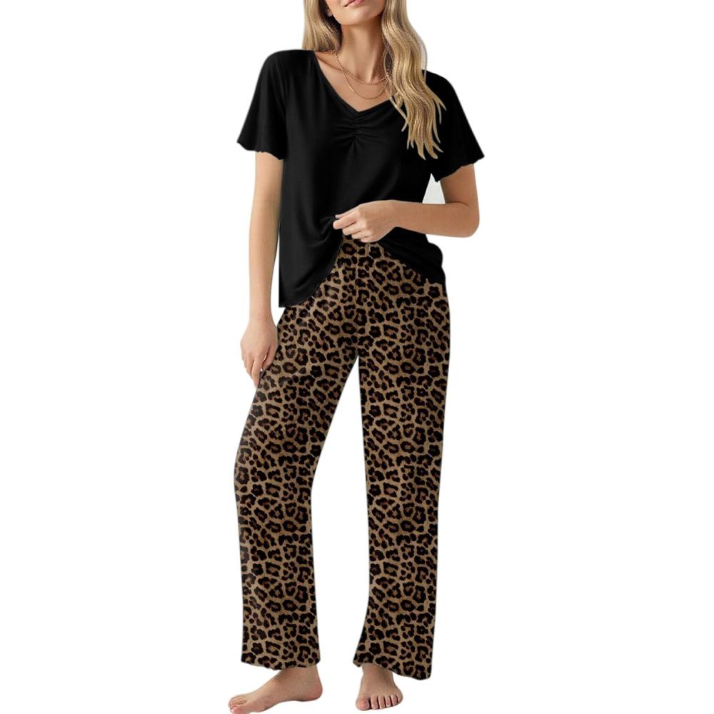 imageEkouaer Womens Pajama Sets 2 Piece Lounge Set Soft Pajamas for Women Set Short Sleeve and Long Pants Pjs with PocketsLeopard Print