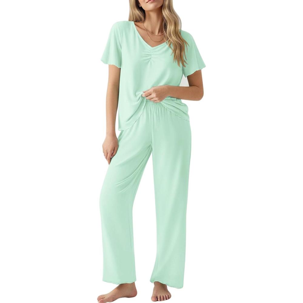 imageEkouaer Womens Pajama Sets 2 Piece Lounge Set Soft Pajamas for Women Set Short Sleeve and Long Pants Pjs with PocketsLight Green