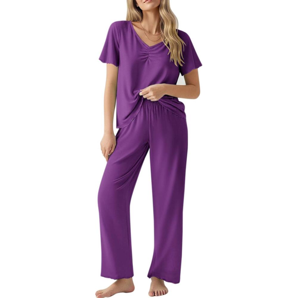 imageEkouaer Womens Pajama Sets 2 Piece Lounge Set Soft Pajamas for Women Set Short Sleeve and Long Pants Pjs with PocketsPurple