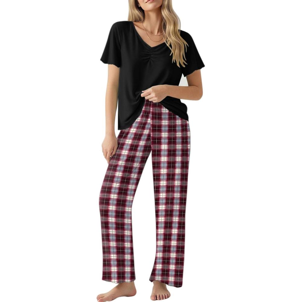 imageEkouaer Womens Pajama Sets 2 Piece Lounge Set Soft Pajamas for Women Set Short Sleeve and Long Pants Pjs with PocketsRed Plaid