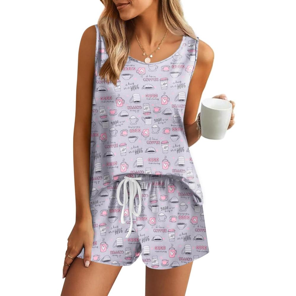 imageEkouaer Womens Pajama Sets Cotton Pjs Sleeveless Tank Top and Shorts Sleepwear Soft Pjs 2 Piece Lounge Set SXXLCoffee Cups