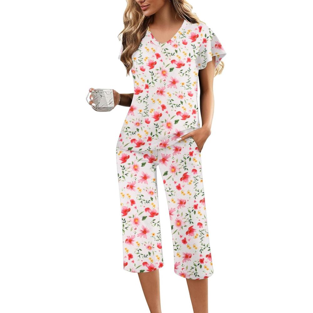 imageEkouaer Womens Pajama Sets Ruffle Short Sleeve Sleepwear Top and Capri Pants Pjs Set Comfy 2 Piece Lounge Set SXXLFloral White Red