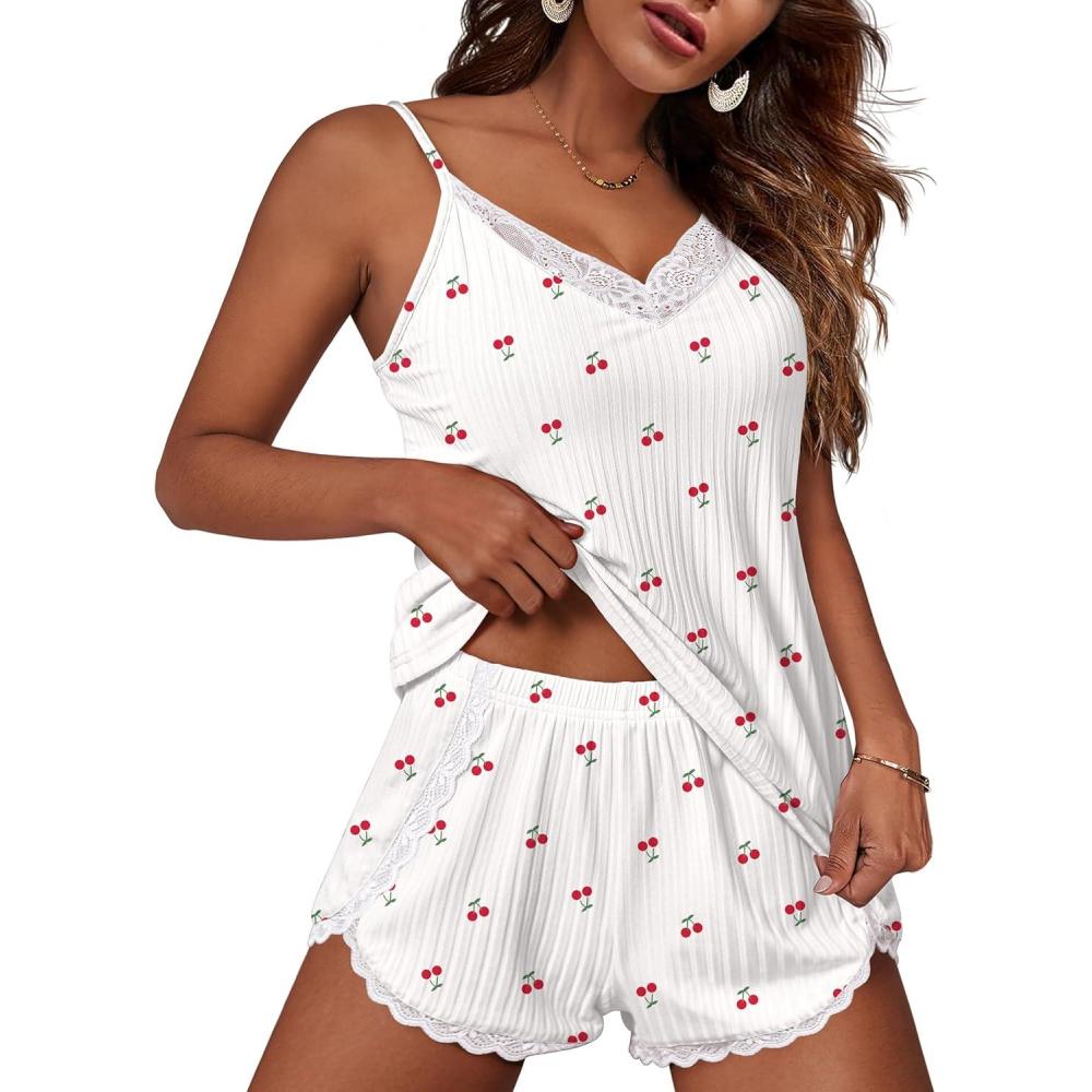 imageEkouaer Womens Pajama Sets Soft Lingerie Sleepwear 2 Piece Cami Shorts Set V Neck Pj Lace NightwearCherry