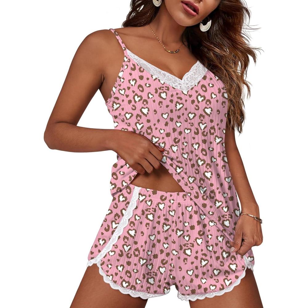 imageEkouaer Womens Pajama Sets Soft Lingerie Sleepwear 2 Piece Cami Shorts Set V Neck Pj Lace NightwearPink Leopard Love