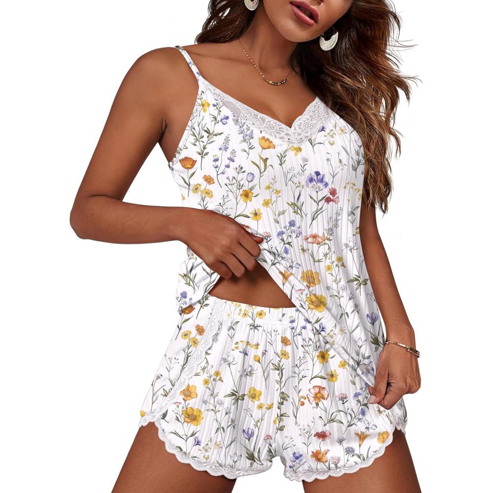 imageEkouaer Womens Pajama Sets Soft Lingerie Sleepwear 2 Piece Cami Shorts Set V Neck Pj Lace NightwearWhite Floral