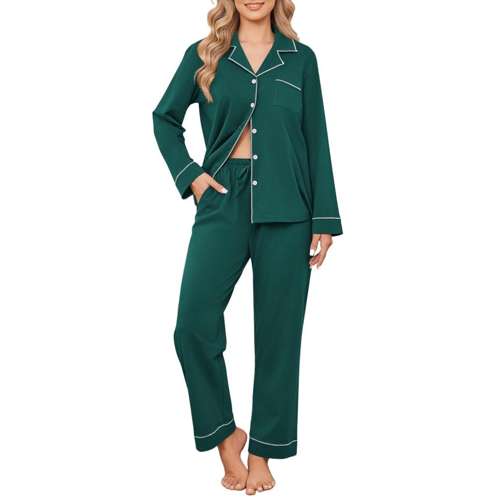 imageEkouaer Womens Pajamas Set Cotton PJs Long Sleeve Sleepwear Button Down Tops and Pants 2 Piece Lounge SetGreen
