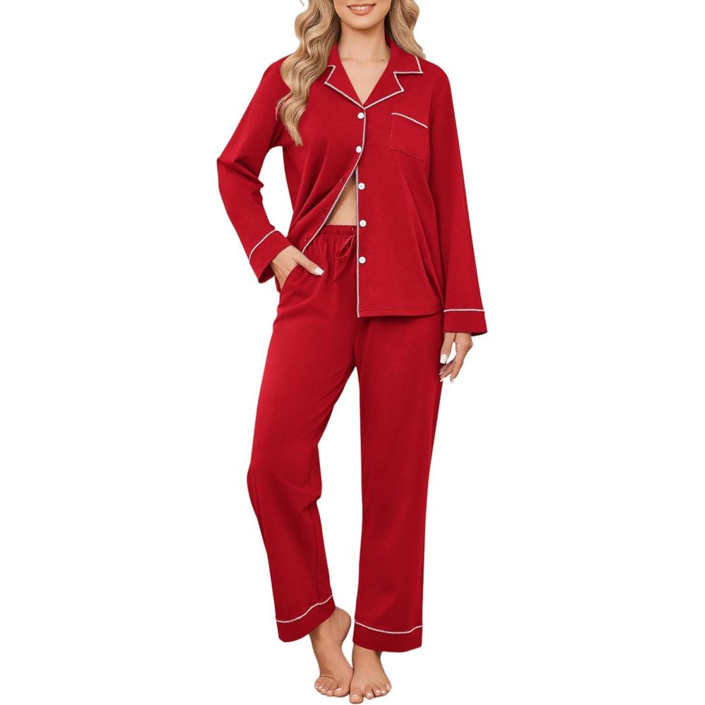 imageEkouaer Womens Pajamas Set Cotton PJs Long Sleeve Sleepwear Button Down Tops and Pants 2 Piece Lounge SetRed