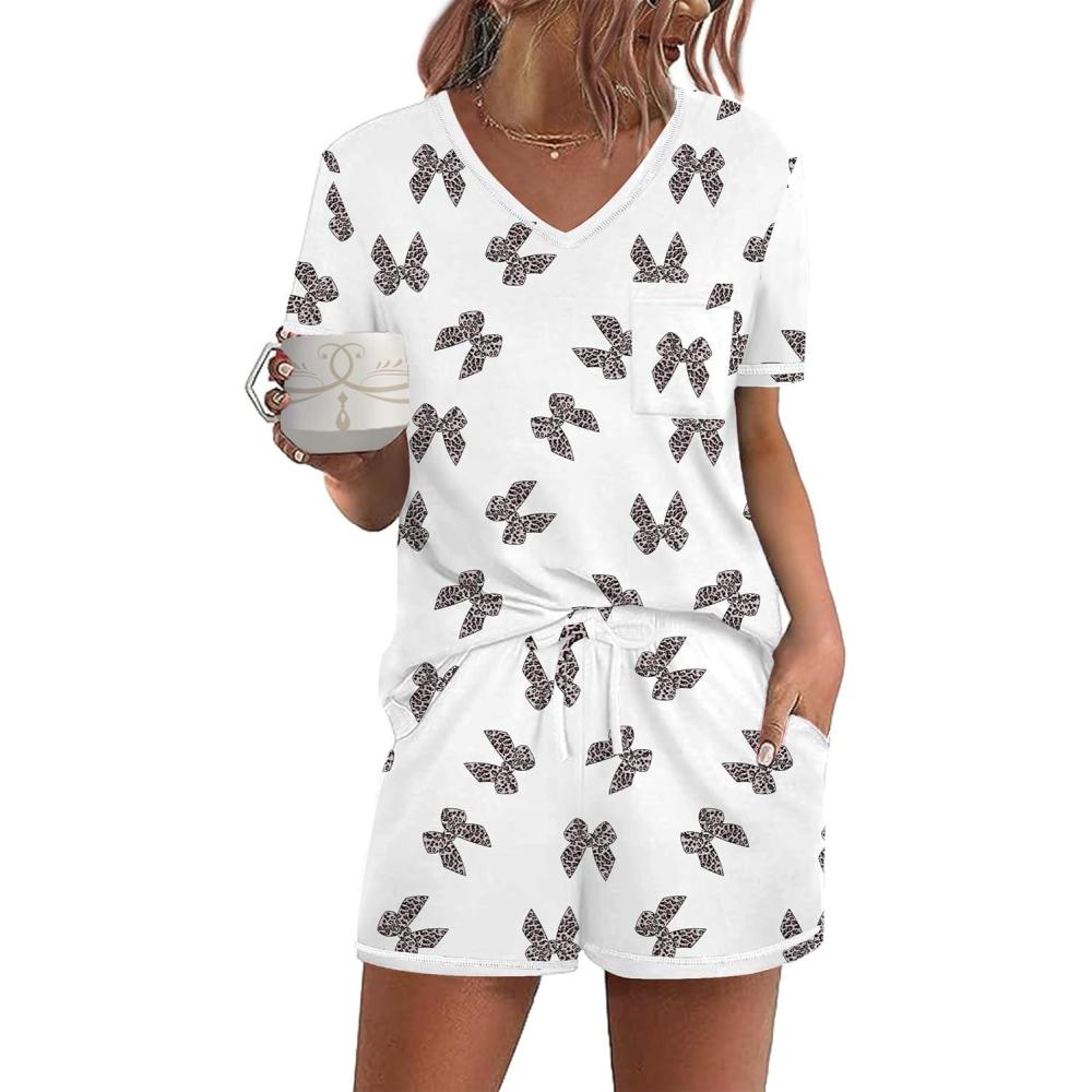 imageEkouaer Womens Pajamas Sets Short Sleeve Lounge Sets Sleepwear Casual Two Piece Pjs With PocketsLeopard Bow
