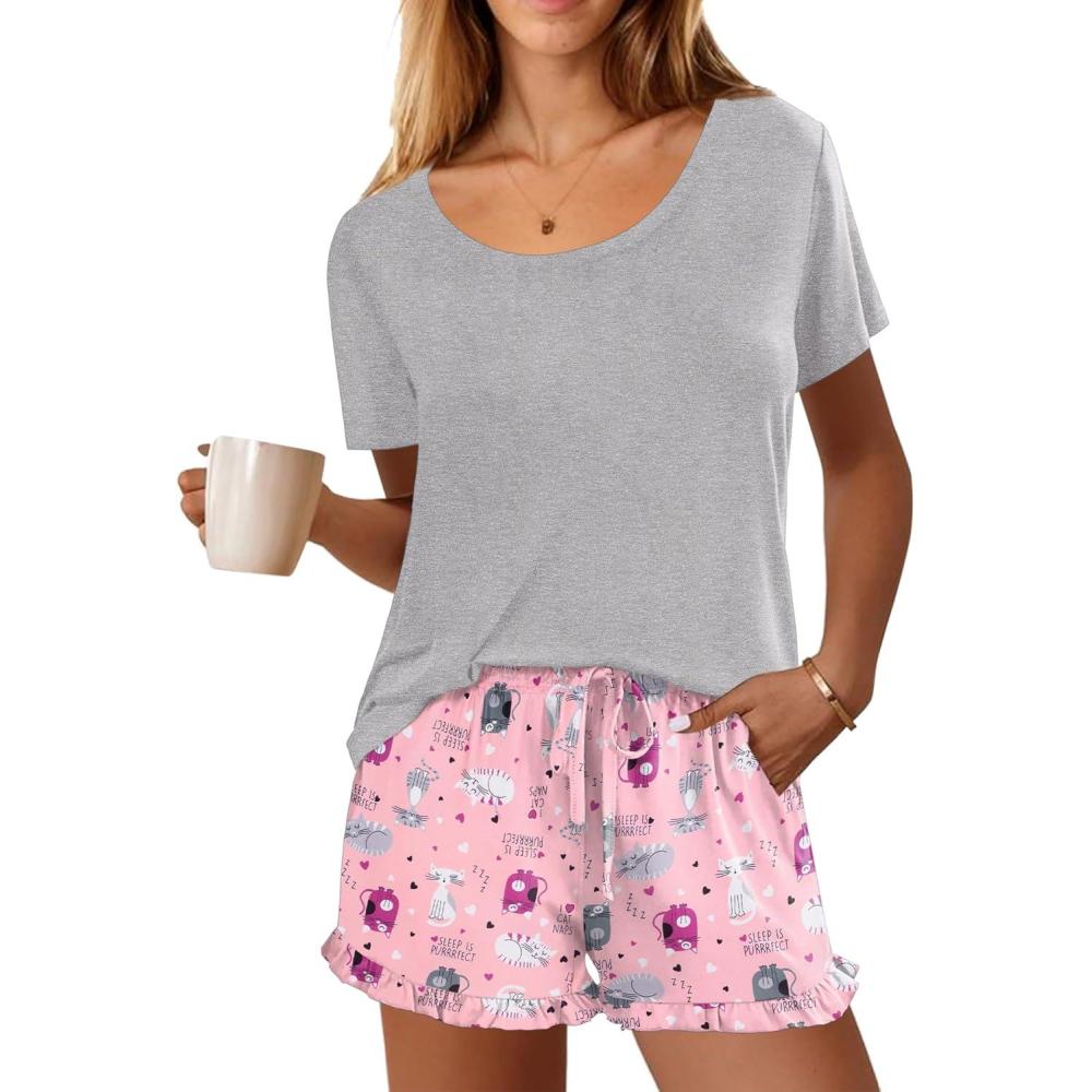 imageEkouaer Womens Pajamas Short Sleeve Lounge Set Crew Neck Tops and Ruffle Shorts Pj Sets Soft Sleepwear with Pockets SXXLLight Gray