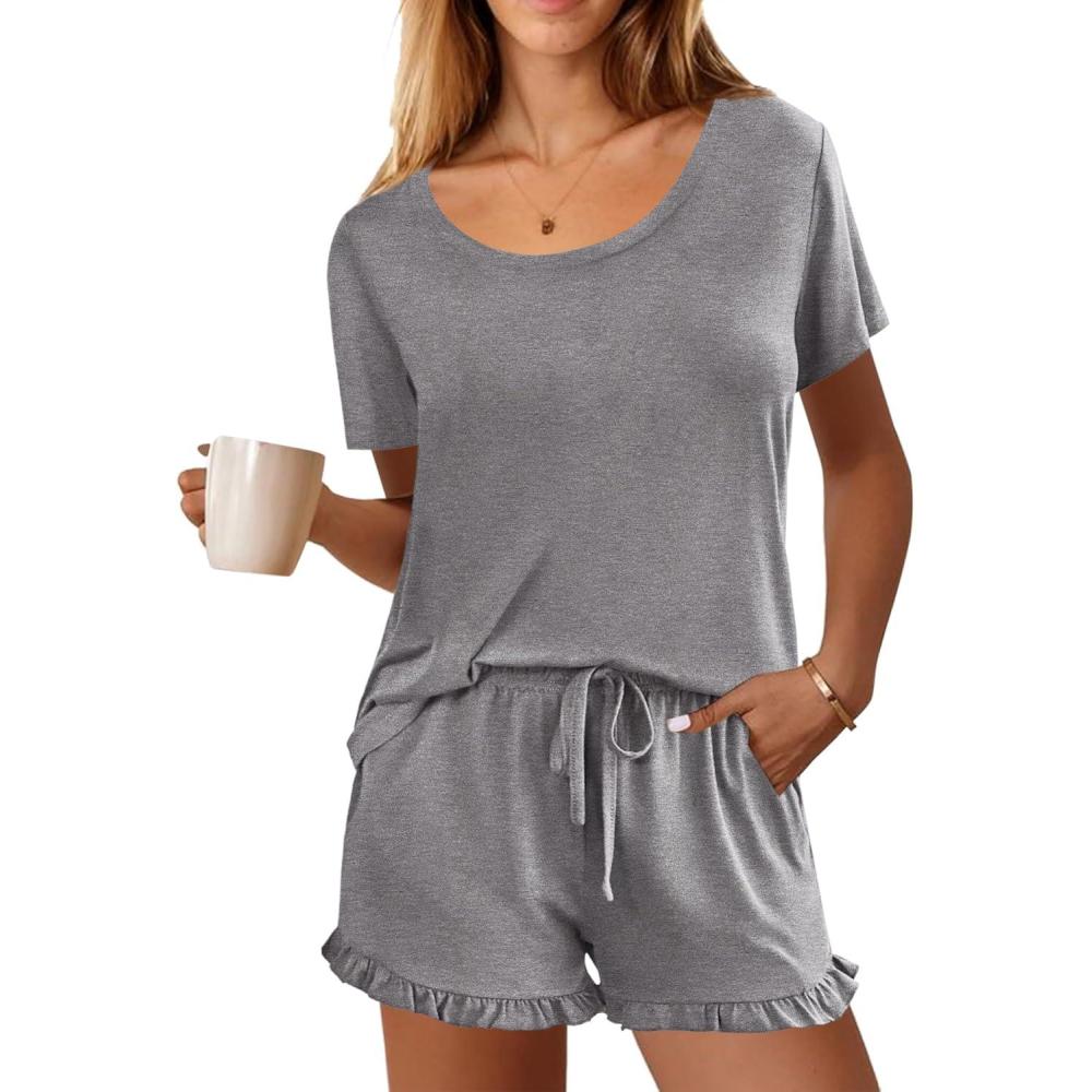 imageEkouaer Womens Pajamas Short Sleeve Lounge Set Crew Neck Tops and Ruffle Shorts Pj Sets Soft Sleepwear with Pockets SXXLMedium Gray