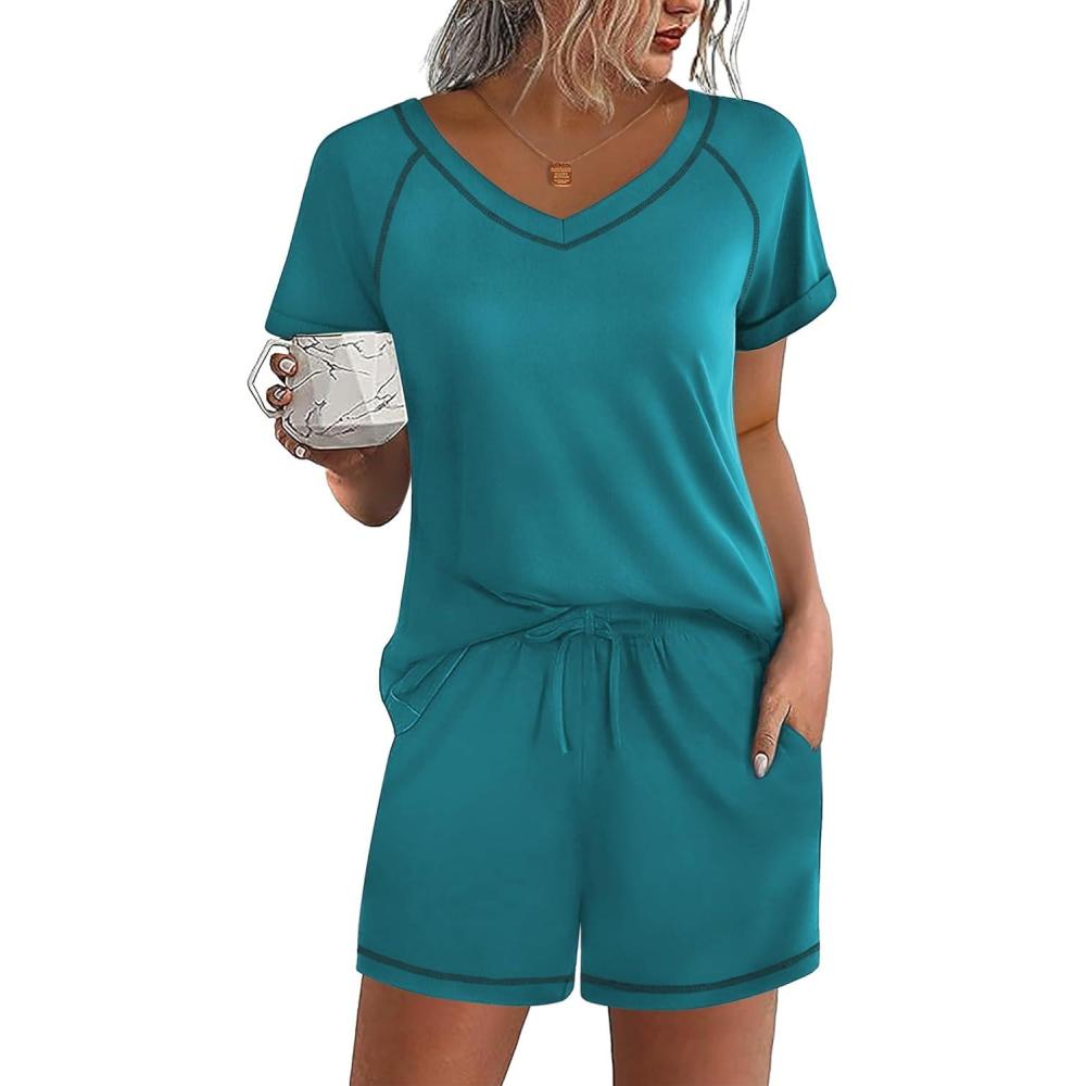 imageEkouaer Womens Pajamas Short Sleeve Sleepwear 2 Piece Pj Set Casual V Neck Lounge Sets with Pockets SXXLBeacock Blue