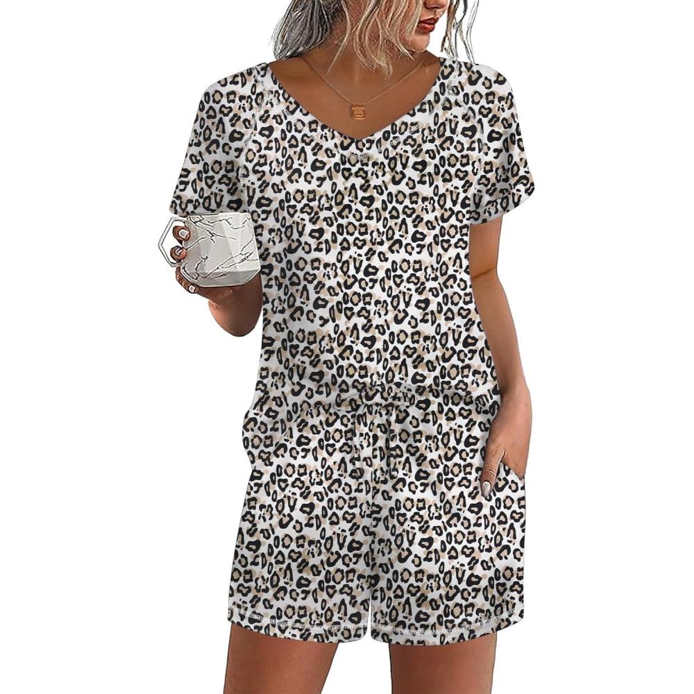 imageEkouaer Womens Pajamas Short Sleeve Sleepwear 2 Piece Pj Set Casual V Neck Lounge Sets with Pockets SXXLLeopard