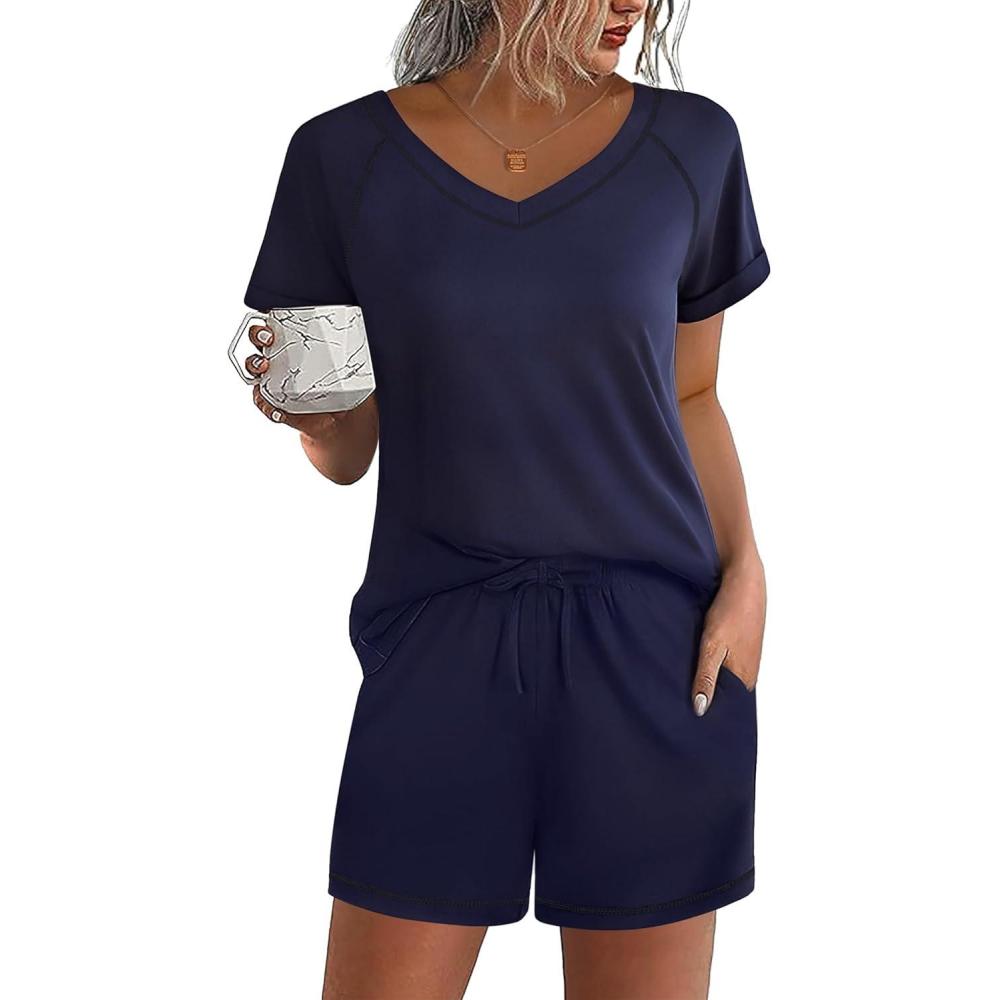 imageEkouaer Womens Pajamas Short Sleeve Sleepwear 2 Piece Pj Set Casual V Neck Lounge Sets with Pockets SXXLNavy Blue