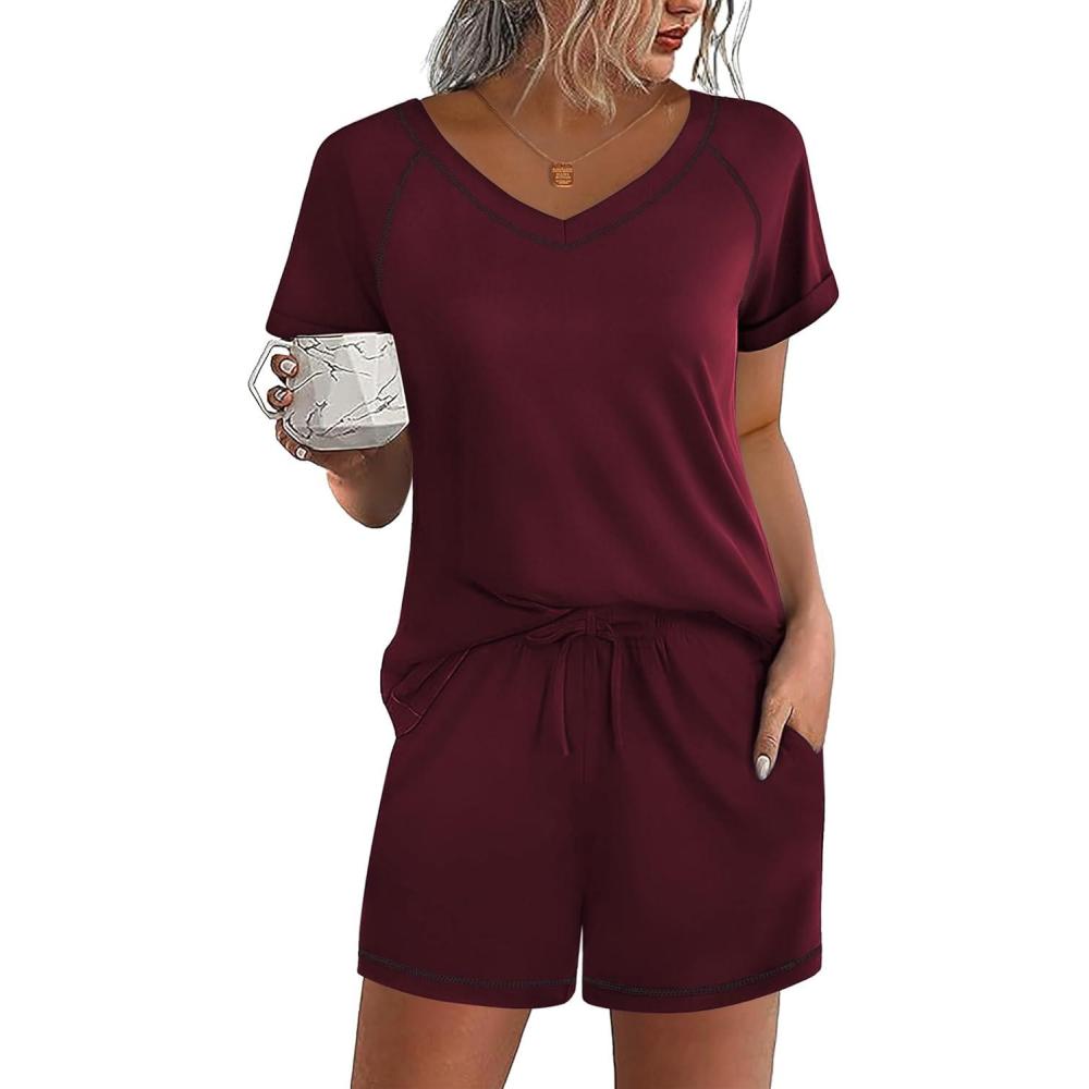 imageEkouaer Womens Pajamas Short Sleeve Sleepwear 2 Piece Pj Set Casual V Neck Lounge Sets with Pockets SXXLWine