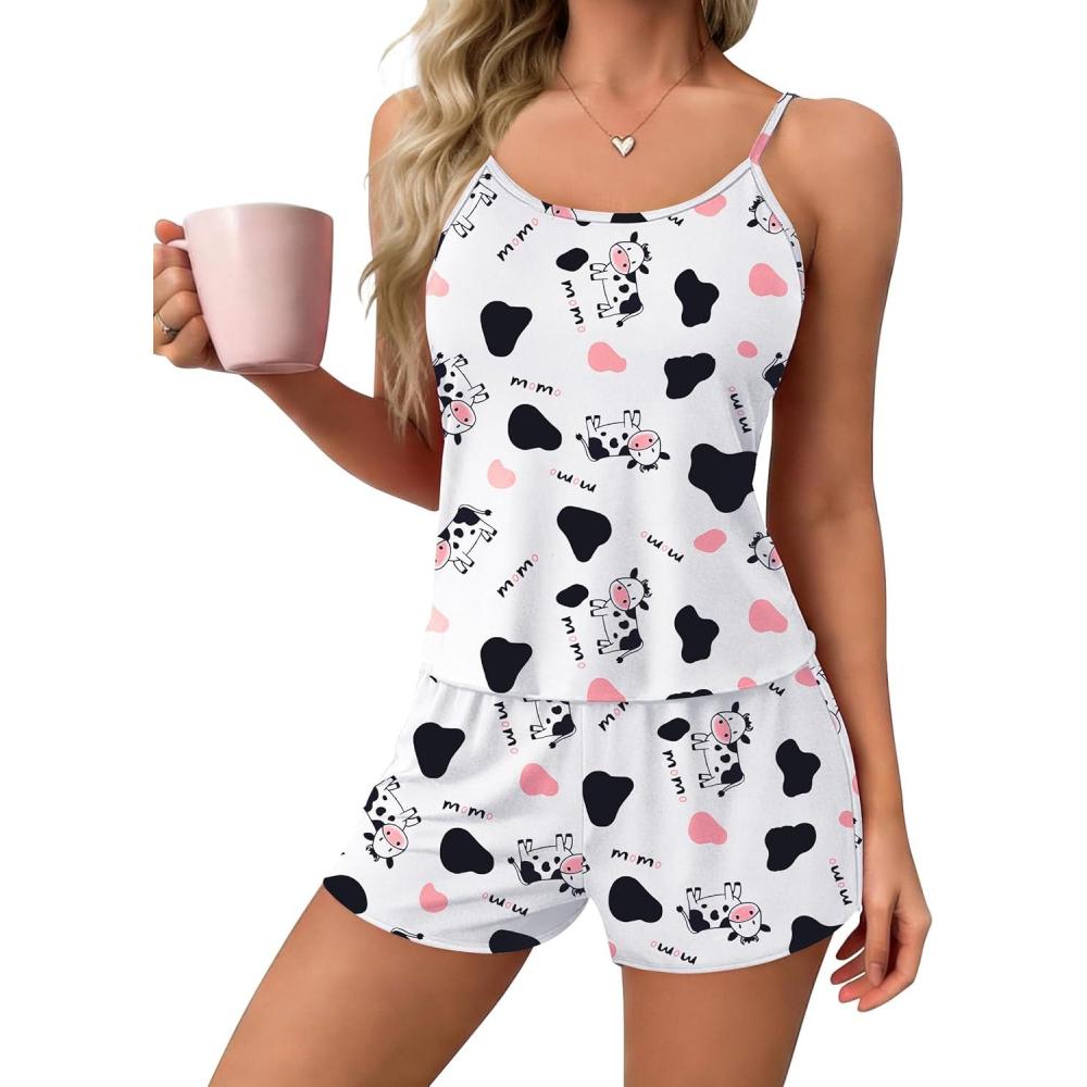imageEkouaer Womens Printed Cami Pajama Set 2 Piece Sleepwear Criss Cross Back Tank Split Shorts Cute Cozy PJSCow