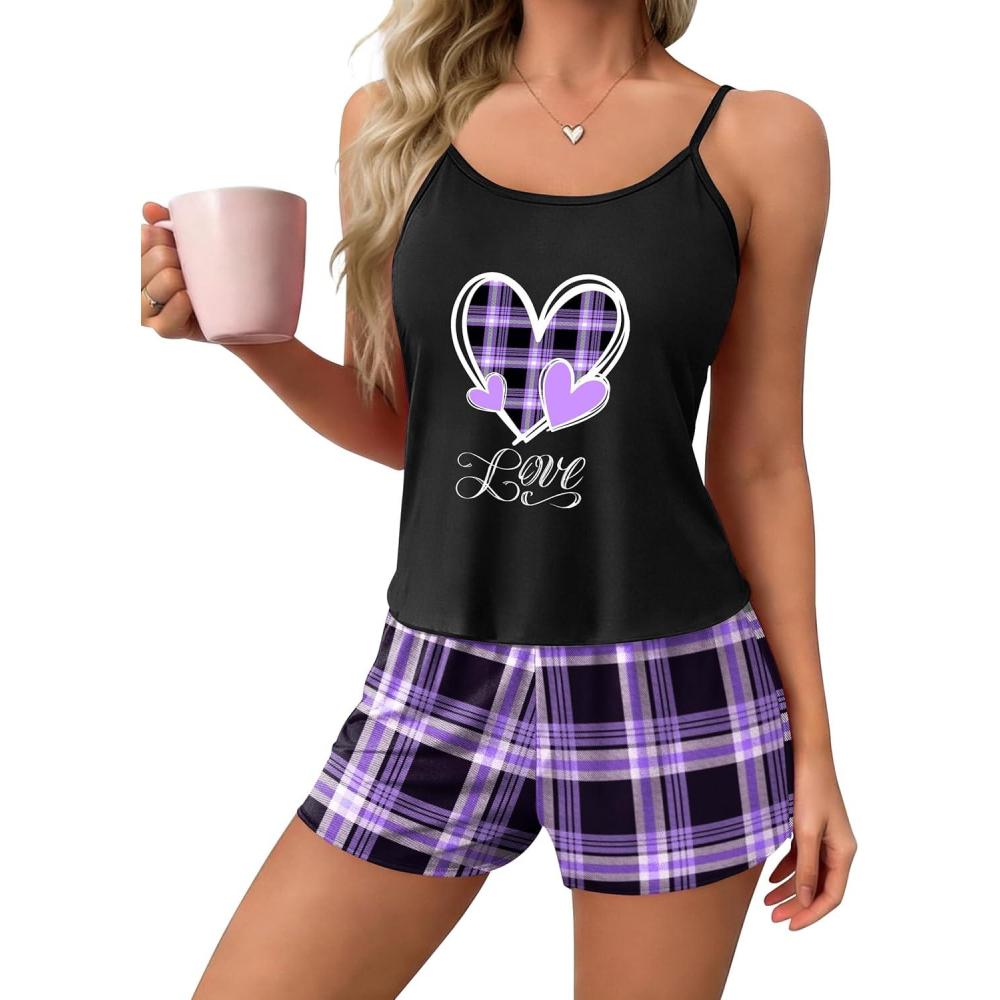 imageEkouaer Womens Printed Cami Pajama Set 2 Piece Sleepwear Criss Cross Back Tank Split Shorts Cute Cozy PJSPlaid Lilac Love
