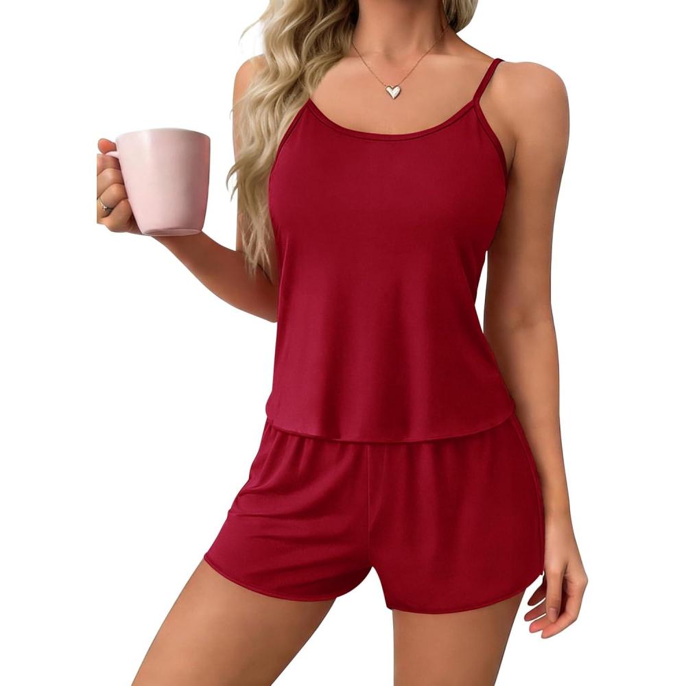 imageEkouaer Womens Printed Cami Pajama Set 2 Piece Sleepwear Criss Cross Back Tank Split Shorts Cute Cozy PJSRed