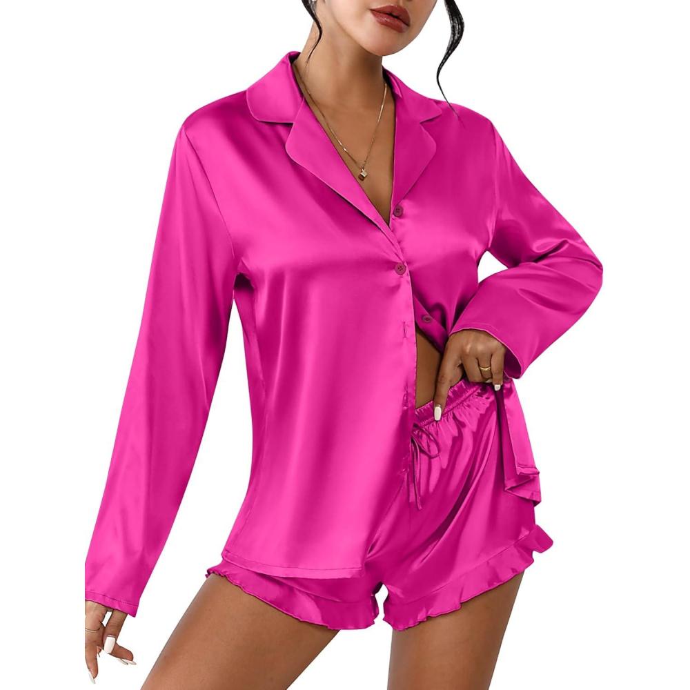 imageEkouaer Womens Satin Pajama Sets Long Sleeve Top and Shorts Lounge Set Button Down SleepwearHot Pink