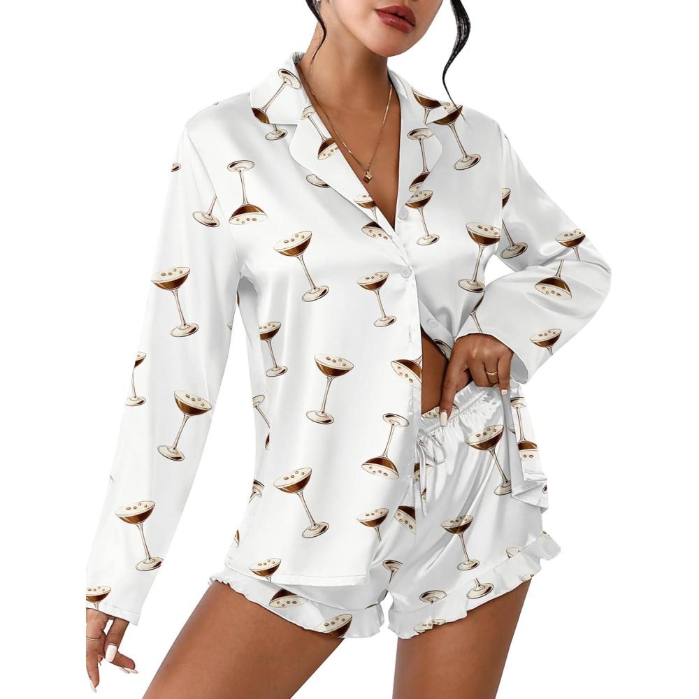 imageEkouaer Womens Satin Pajama Sets Long Sleeve Top and Shorts Lounge Set Button Down SleepwearWine Glass