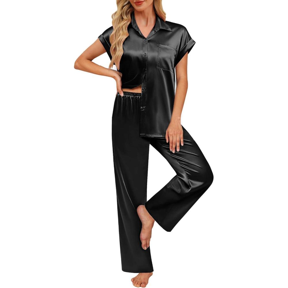 imageEkouaer Womens Satin Pajamas Set Silky Twopiece Short Sleeve and Long Pants Sleepwear ButtonDown Pj Sets With PocketsBlack