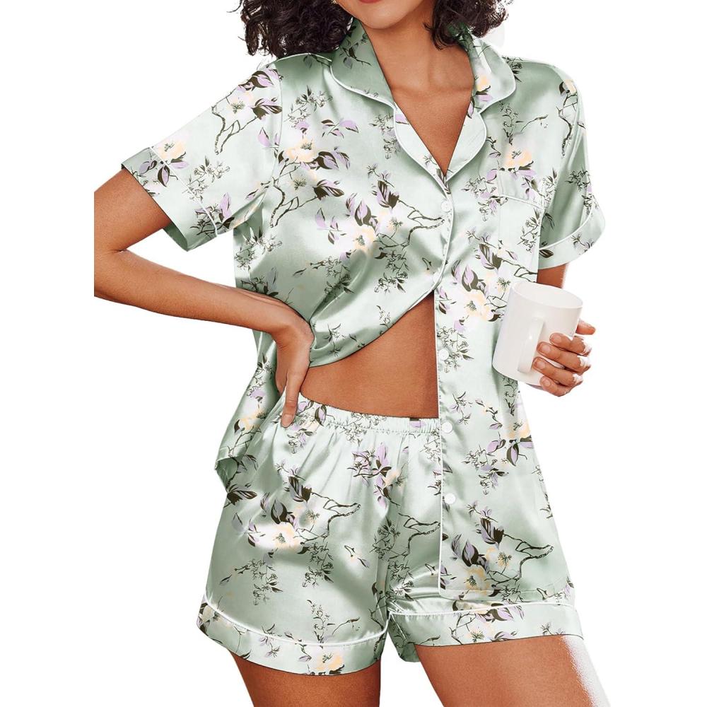 imageEkouaer Womens Silk Satin Pajama Set Short Sleeve Pjs Shorts Set Comfy Button Down 2 Piece Sleepwear LoungewearFloral Light Green With White