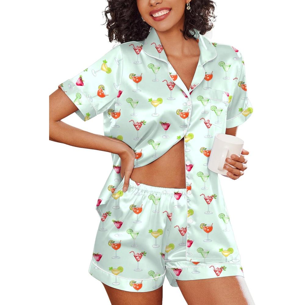 imageEkouaer Womens Silk Satin Pajama Set Short Sleeve Pjs Shorts Set Comfy Button Down 2 Piece Sleepwear LoungewearLight Blue Wineglass