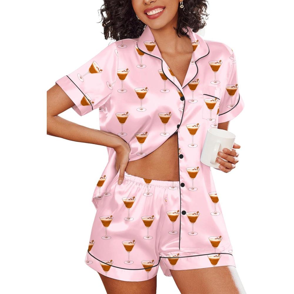 imageEkouaer Womens Silk Satin Pajama Set Short Sleeve Pjs Shorts Set Comfy Button Down 2 Piece Sleepwear LoungewearLight Pink Wineglass