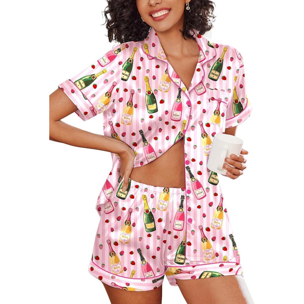 imageEkouaer Womens Silk Satin Pajama Set Short Sleeve Pjs Shorts Set Comfy Button Down 2 Piece Sleepwear LoungewearStriped Wine Bottle