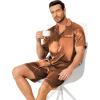 Ekouaer Mens Pajamas Set Silk Satin Sleepwear Short Sleeve Button Down Pjs Set 2 Piece Loungewear with Pockets S-XXL(Brown)