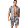 Ekouaer Mens Pajamas Set Silk Satin Sleepwear Short Sleeve Button Down Pjs Set 2 Piece Loungewear with Pockets S-XXL(Dark Grey)