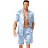 Ekouaer Mens Pajamas Set Silk Satin Sleepwear Short Sleeve Button Down Pjs Set 2 Piece Loungewear with Pockets S-XXL(Light Blue)