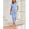 Ekouaer Women’s Capri Pajama Sets Print Short Sleeve Sleepwear Top and Capri Pants Soft Loungewear with Pocket(Blue Pink Flowers)